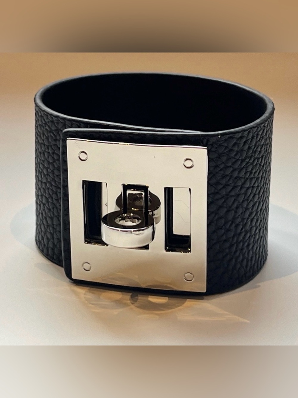 Kelly Buckle Inspired Black and Silver Wide Cuff Bracelet Elegant Contemporary